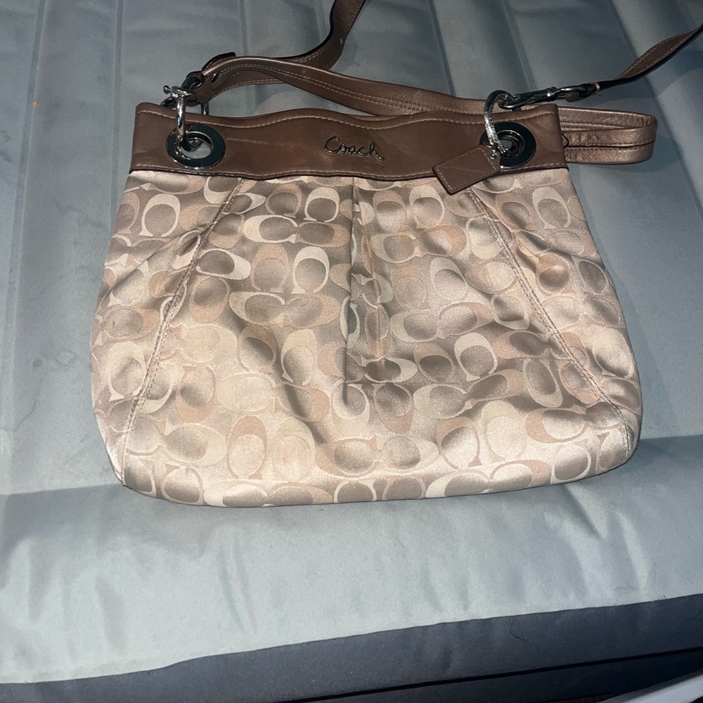Vintage Coach Light Beige Signature Shoulder Bag with Tan Leather Trim